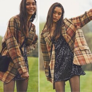 Free People Wool Mari Tartan Plaid Blazer Winter Wheat XL Dark Academia Preppy